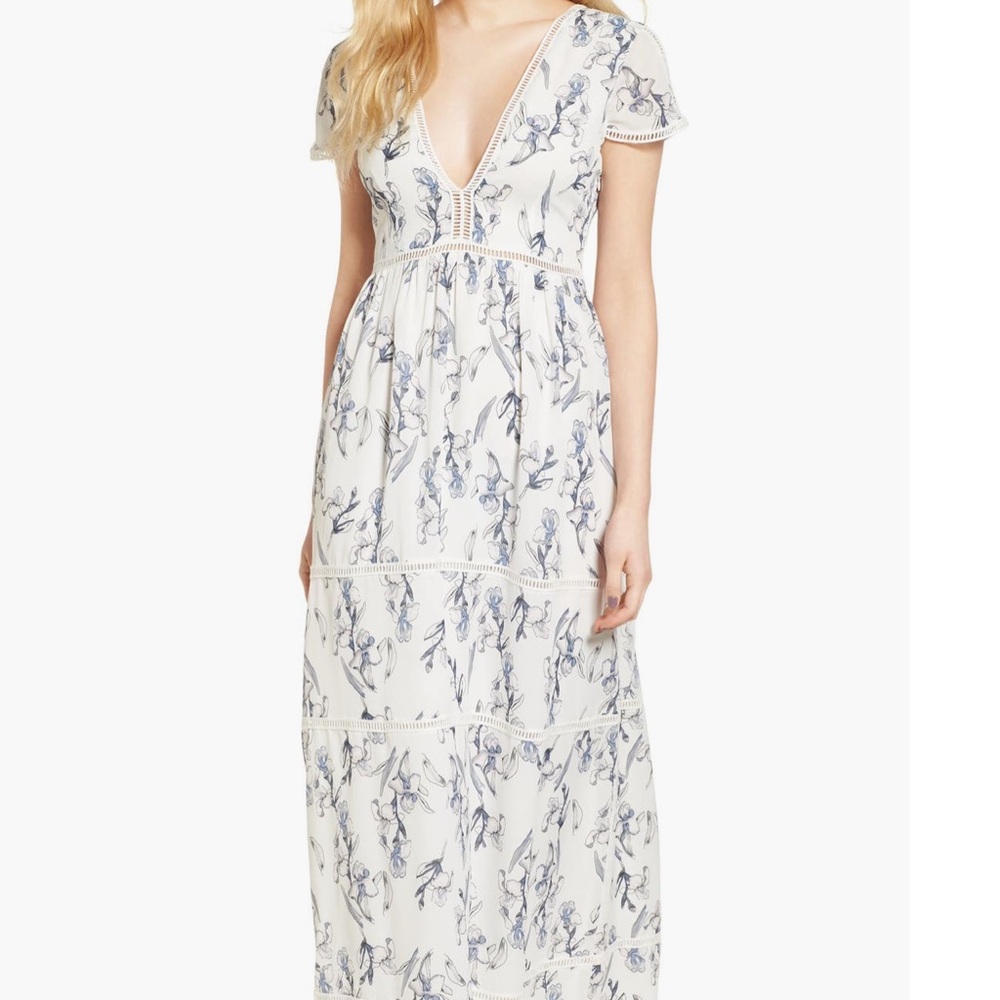 Elegant White and Blue Floral Dress